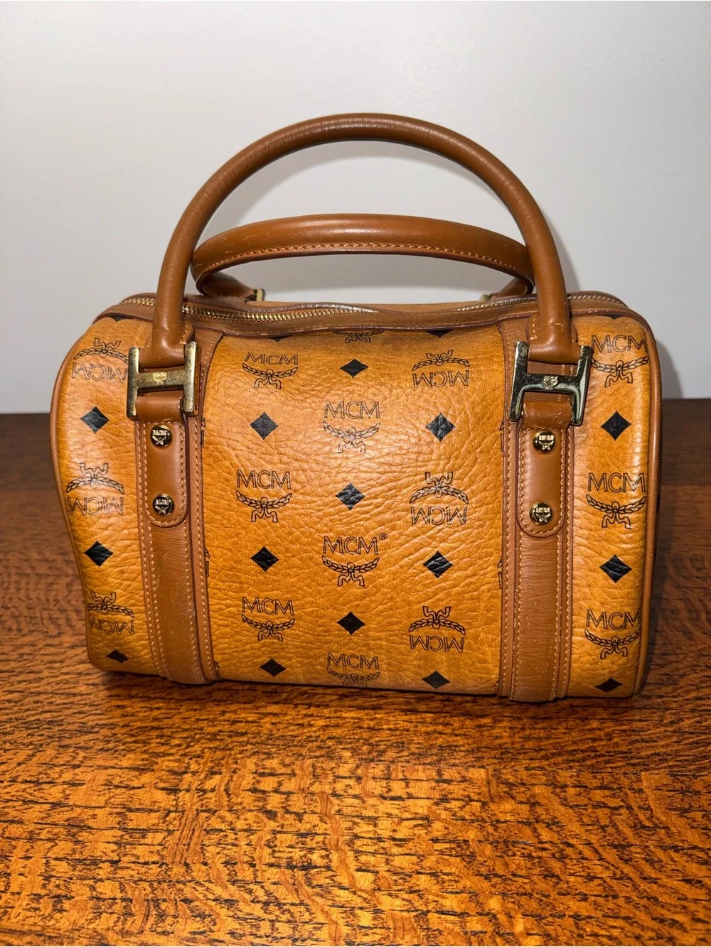 MCM Cognac Visetos Boston Bag w/Front Pocket and COA